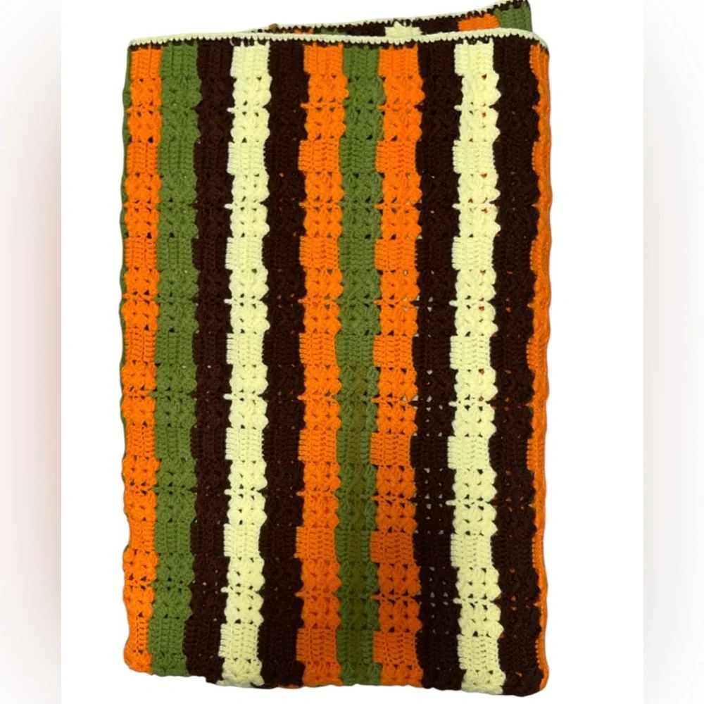 Vintage 70s Striped Granny Afghan Crochet Blanket Bedspread 76” X 61 “Throw